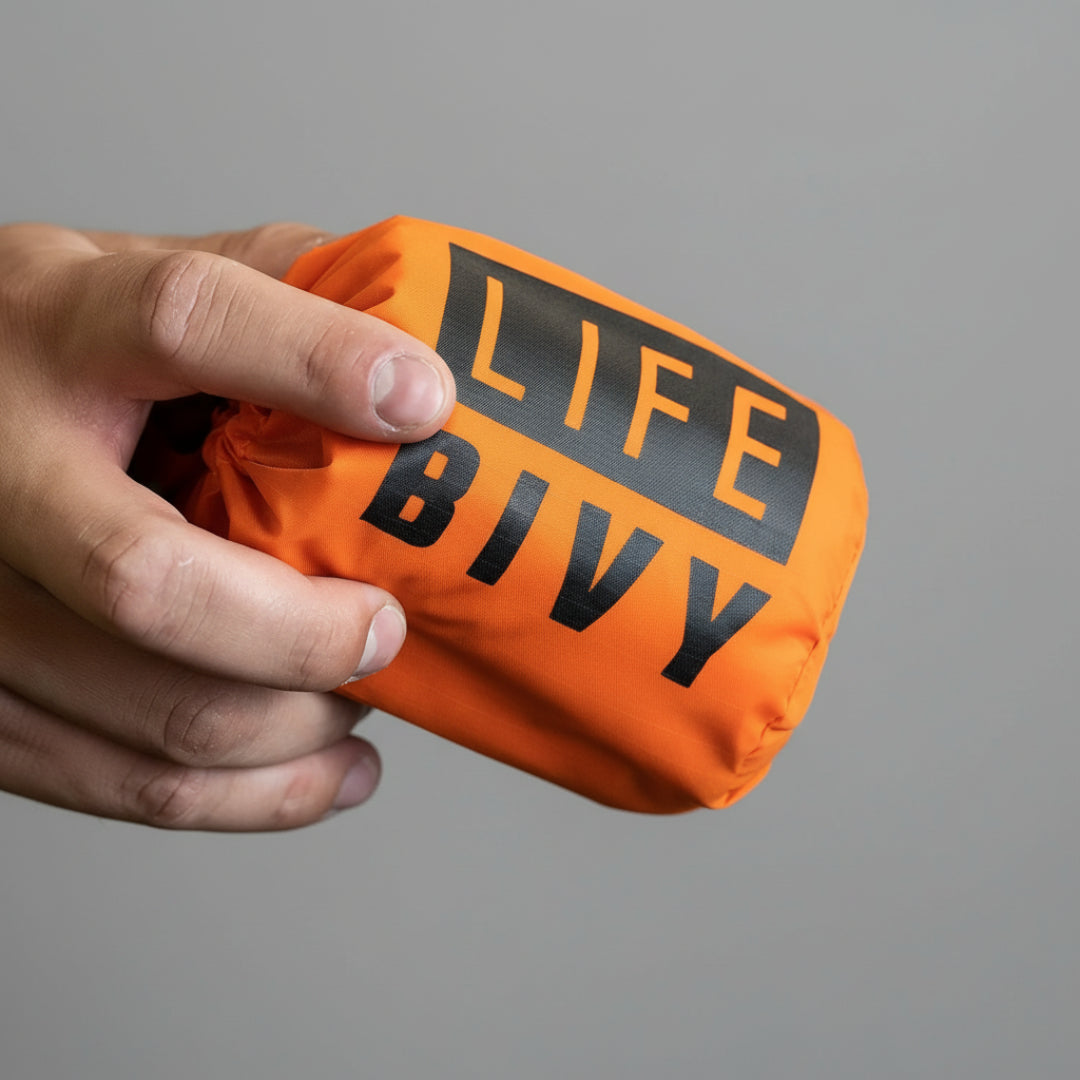 Orange emergency thermal bivy with high-visibility design, reflective survival sleeping bag for cold weather emergencies and outdoor safety held by hand .