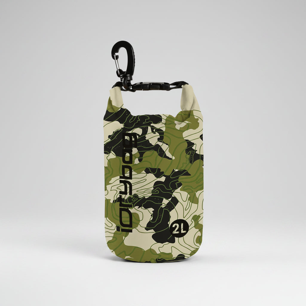 Camouflage-patterned dry bag with a carabiner on a white background