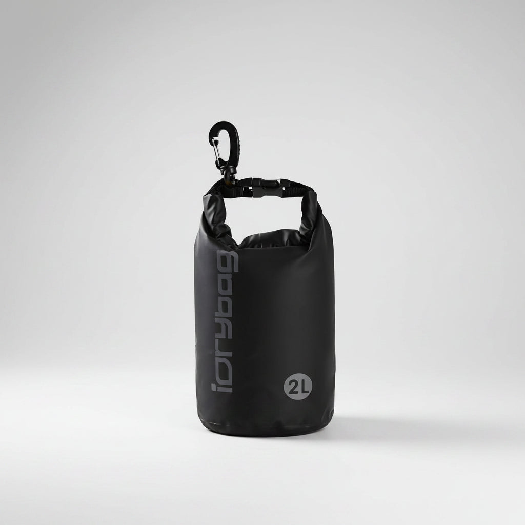 Black dry bag with carabiner on a white background