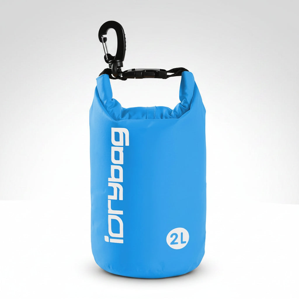Blue dry bag with a carabiner on a white background