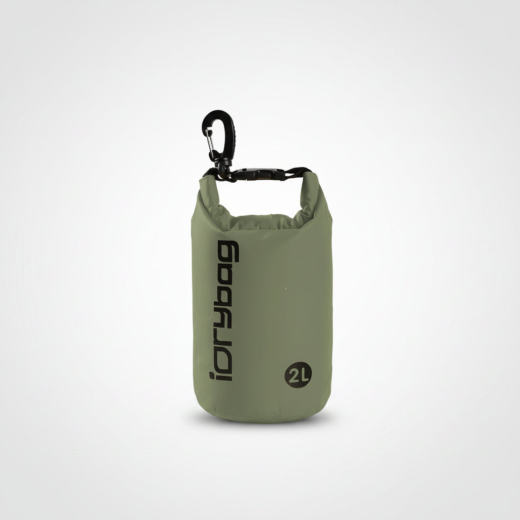 Green dry bag with a carabiner on a white background
