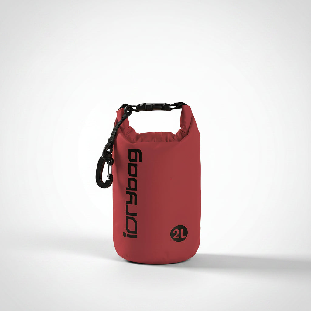 Red dry bag with a carabiner on a white background