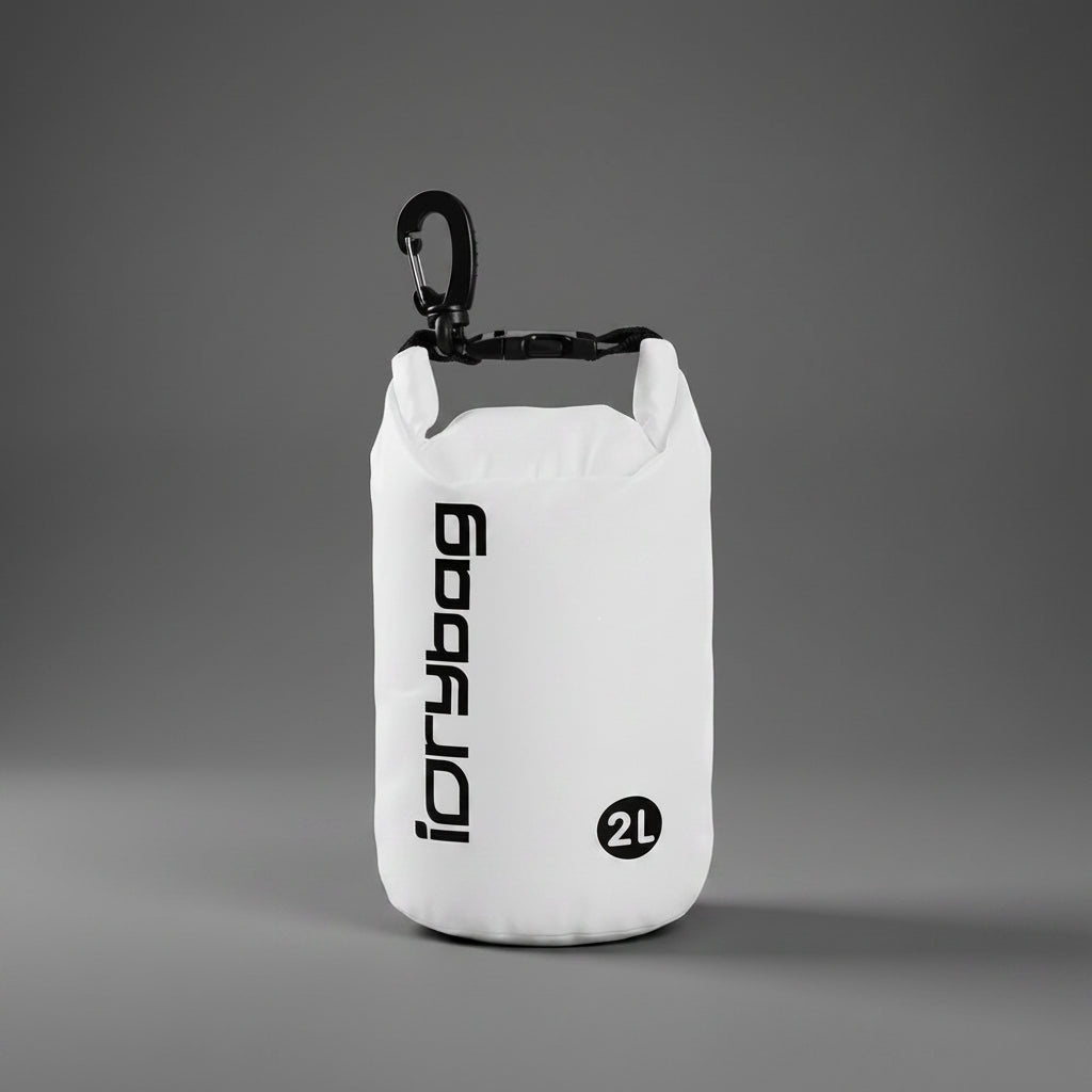 White dry bag with black carabiner on a white background.