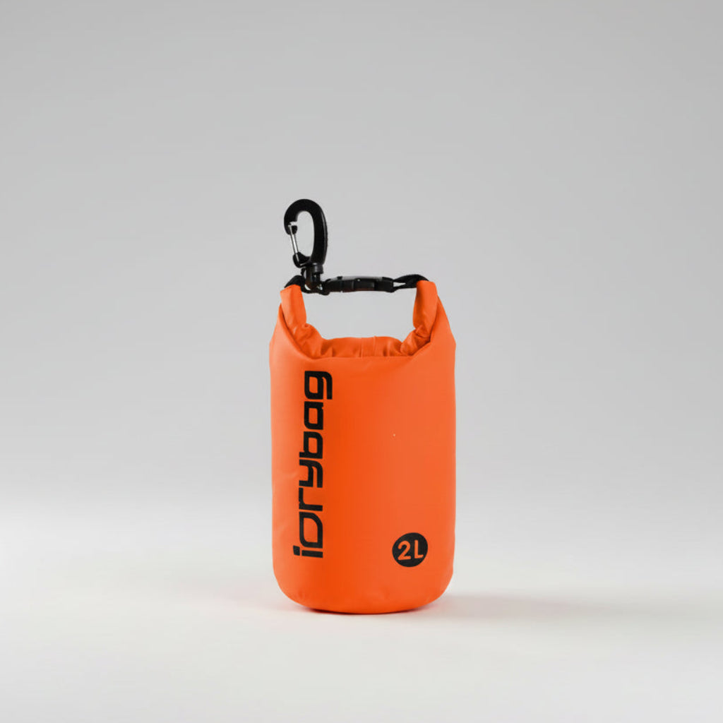 Orange dry bag with a carabiner on a white background