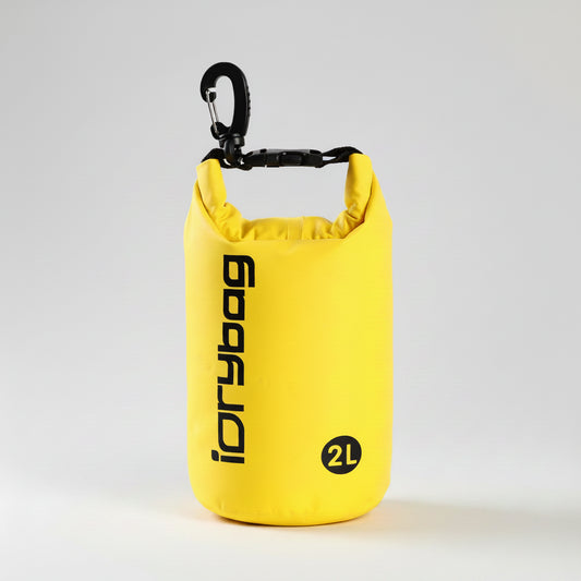 Yellow dry bag with a carabiner on a white background