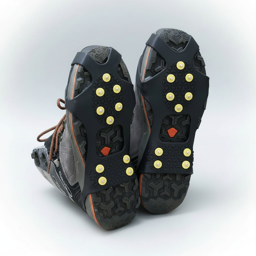 Close-up of shoes with cleated soles on a stone surface