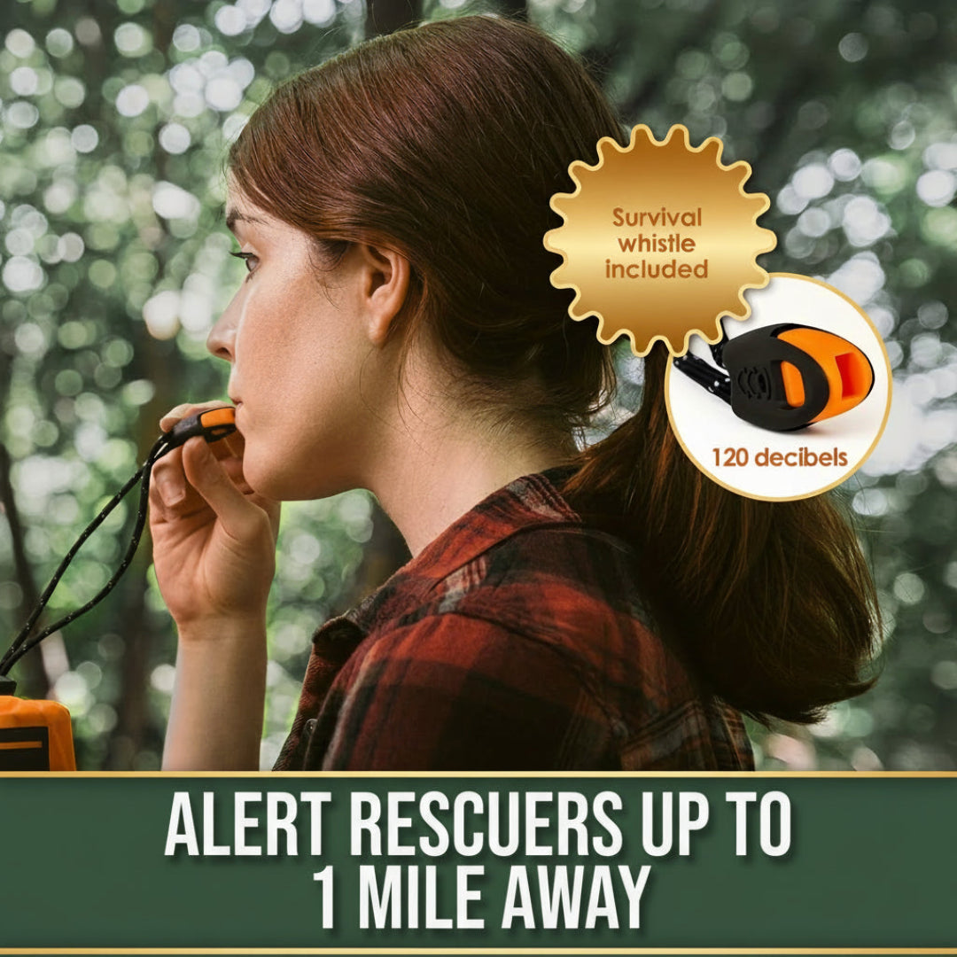 Woman using a survival whistle with a forest background