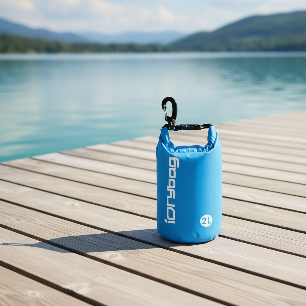 A blue dry bag with a black carabiner clip stands on a wooden dock with a calm lake and mountains in the background. The bag has white vertical branding text and a white '2L' mark near the bottom.