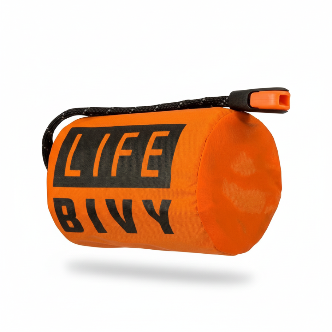 Orange emergency thermal bivy with high-visibility design, reflective survival sleeping bag for cold weather emergencies and outdoor safety