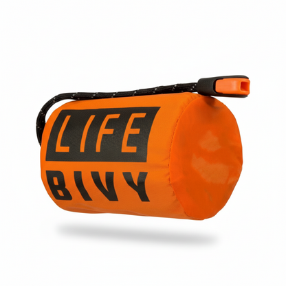 Orange emergency thermal bivy with high-visibility design, reflective survival sleeping bag for cold weather emergencies and outdoor safety