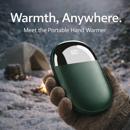 Green portable hand warmer held in a gloved hand with a camping scene in the background.