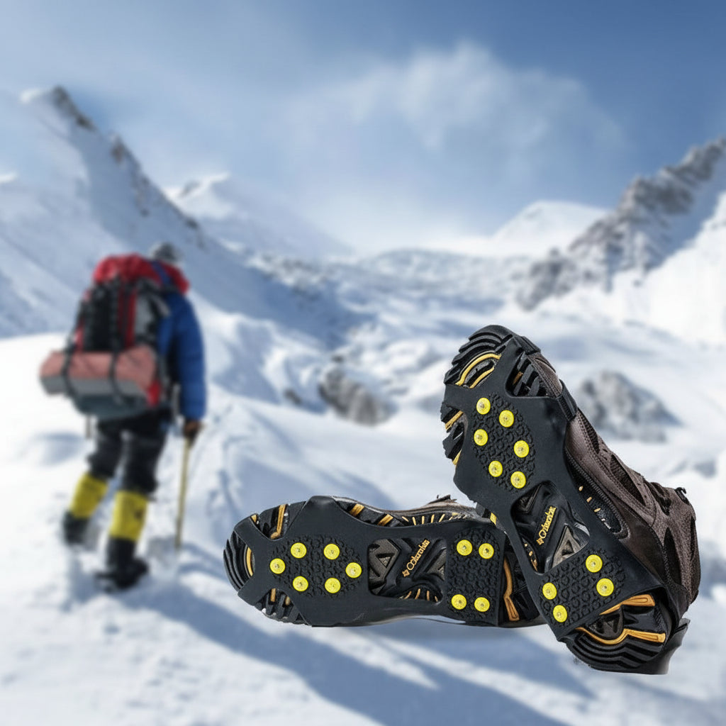 Person climbing a snowy mountain with ice cleats product shown on the bottom right