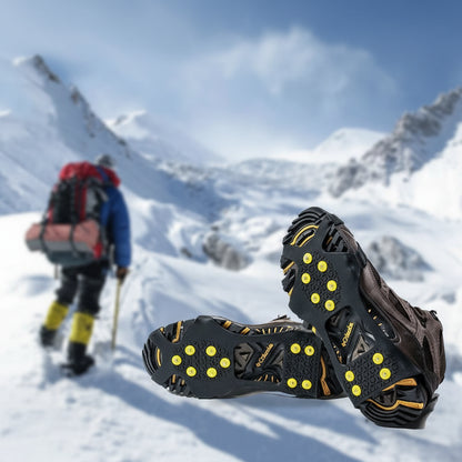 Person climbing a snowy mountain with ice cleats product shown on the bottom right
