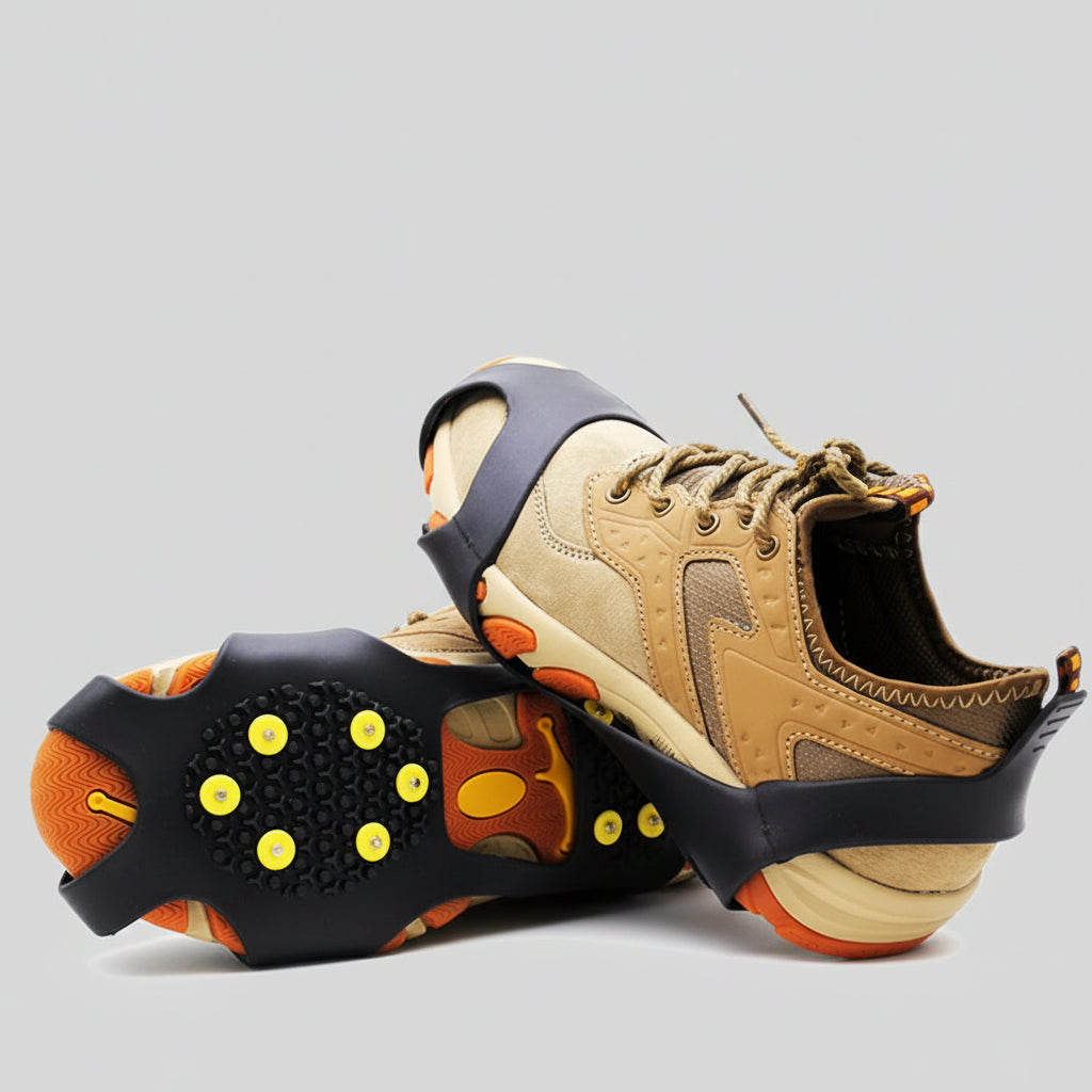 Ice-traction-cleats-slip-resistant walking equipment with shoes on a white background.