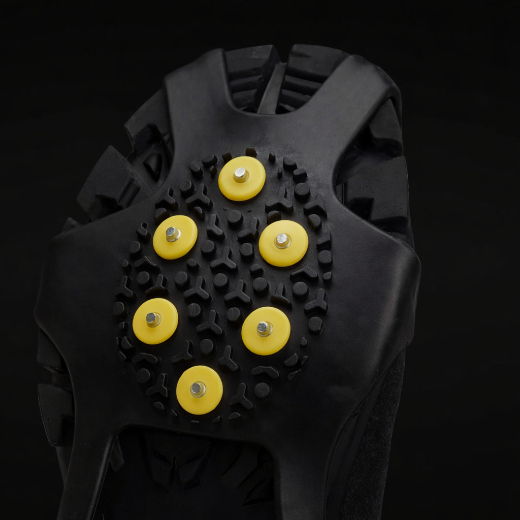 Black shoe with yellow spike cleats on a black background