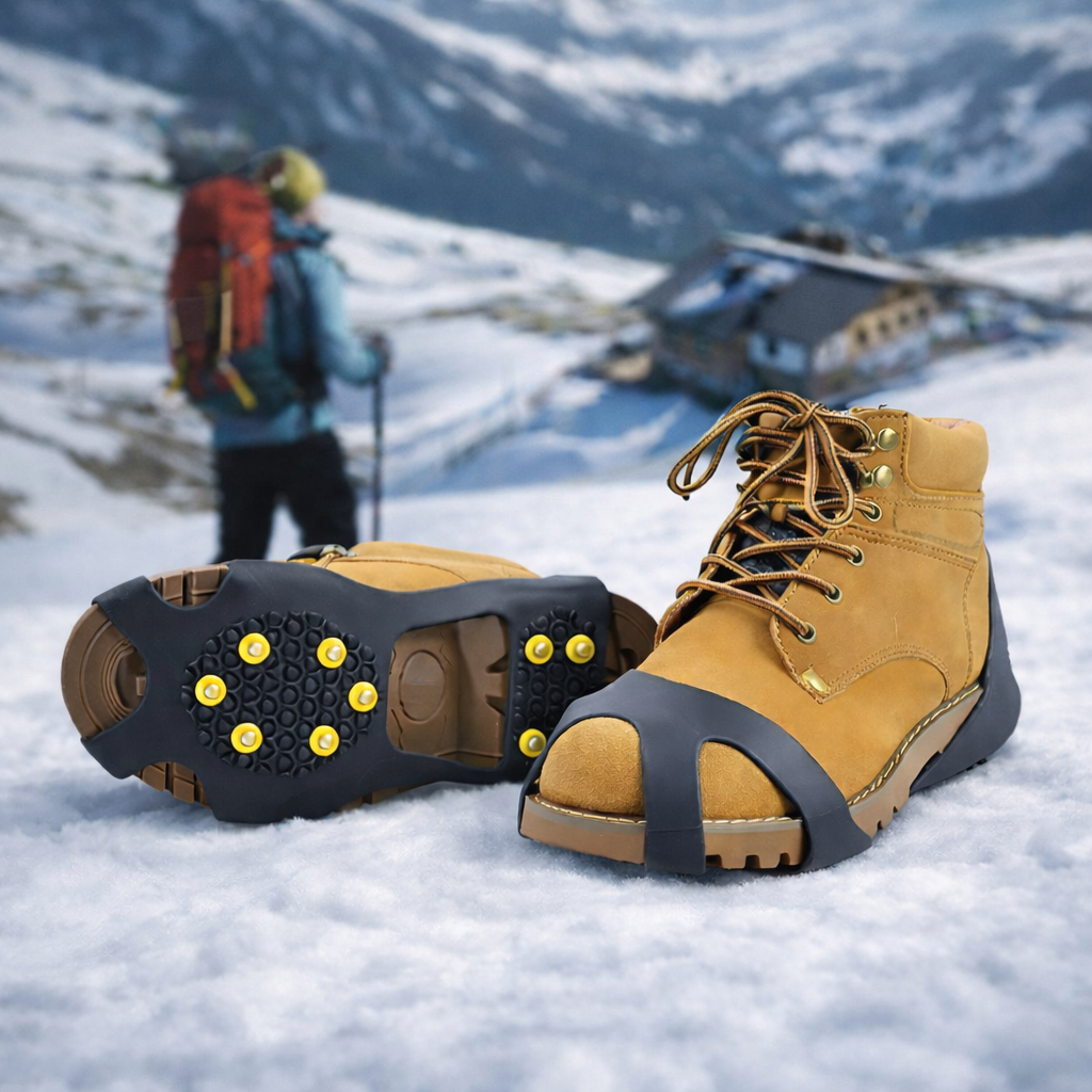 Pair of yellow hiking boots with ice cleats  on a snowy background with a hiker and mountain house.