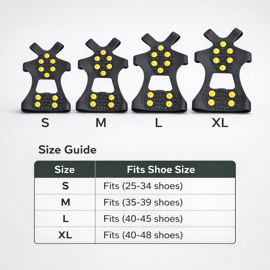 Size guide for black and yellow Ice Traction Cleats shoe attachment with corresponding shoe size chart on a white background