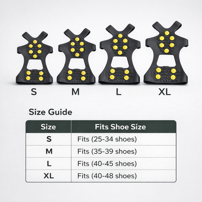 Size guide for black and yellow Ice Traction Cleats shoe attachment with corresponding shoe size chart on a white background