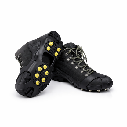 Black ice traction cleats with 10 steel spikes on winter boots