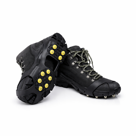 Black ice traction cleats with 10 steel spikes on winter boots