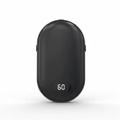 Black portable rechargeable hand warmer with single-sided heat, compact winter warming device for cold weather and outdoor use