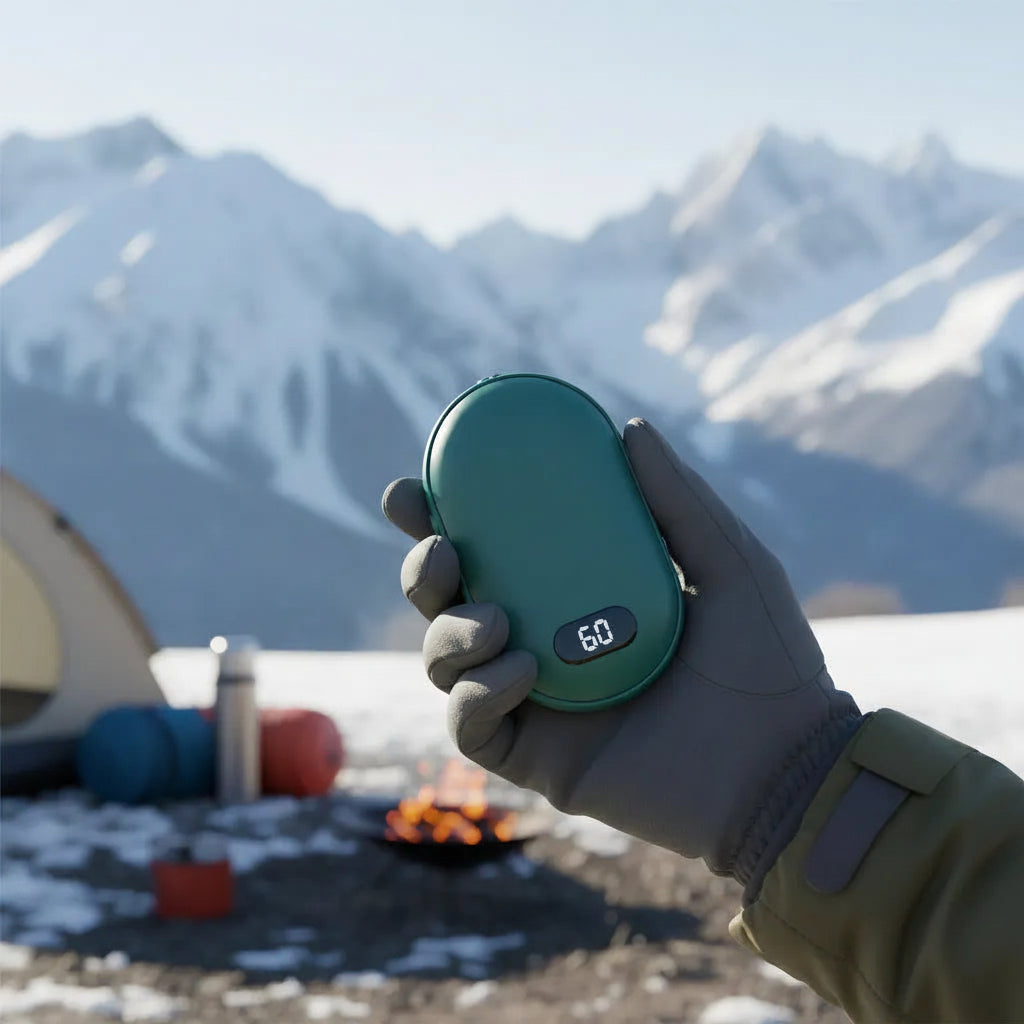 Hand holding a portable hand warmer with mountains in the background