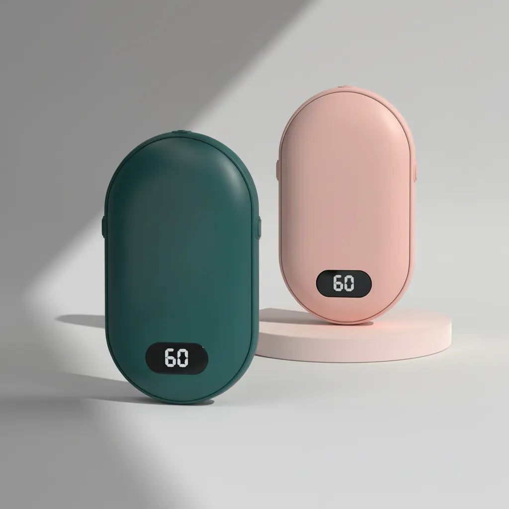 Two portable hand warmers, one green and one pink, by Treknest, on a light gray background.