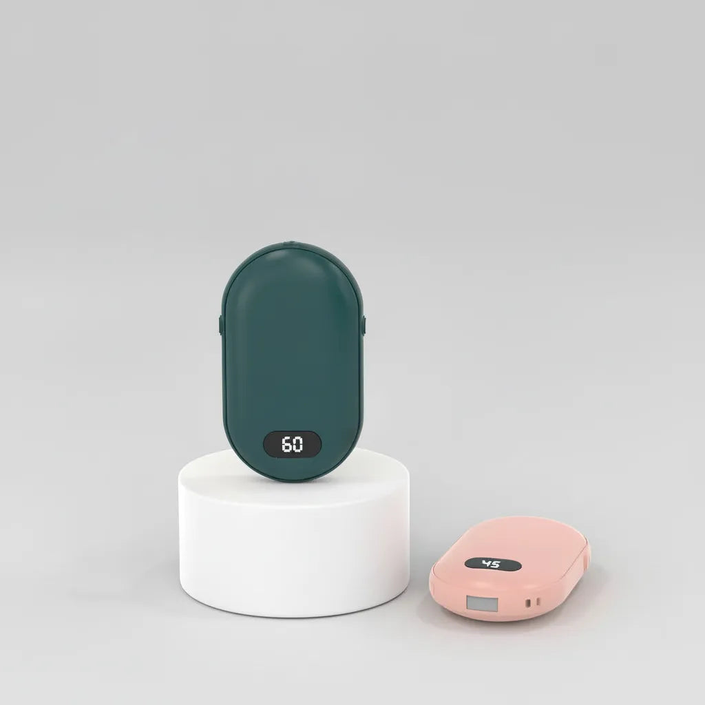 Green and Pink portable rechargeable hand warmer with single-sided heat, compact handheld warmer designed for everyday winter comfort