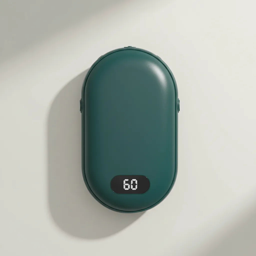 Green portable rechargeable hand warmer with single-sided heat, compact handheld warmer designed for everyday winter comfort