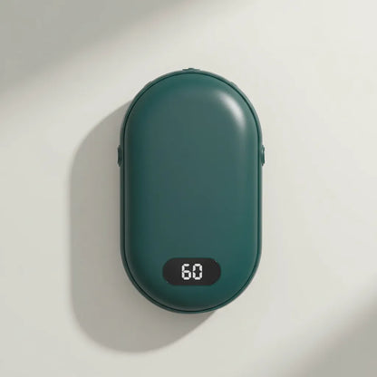 Green portable rechargeable hand warmer with single-sided heat, compact handheld warmer designed for everyday winter comfort